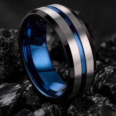 Wedding Band Set His And Hers, Black Tungsten Ring For Men, Birthday Gift For Him, Blue Engagement Ring Silver, Personalized Gift For Her