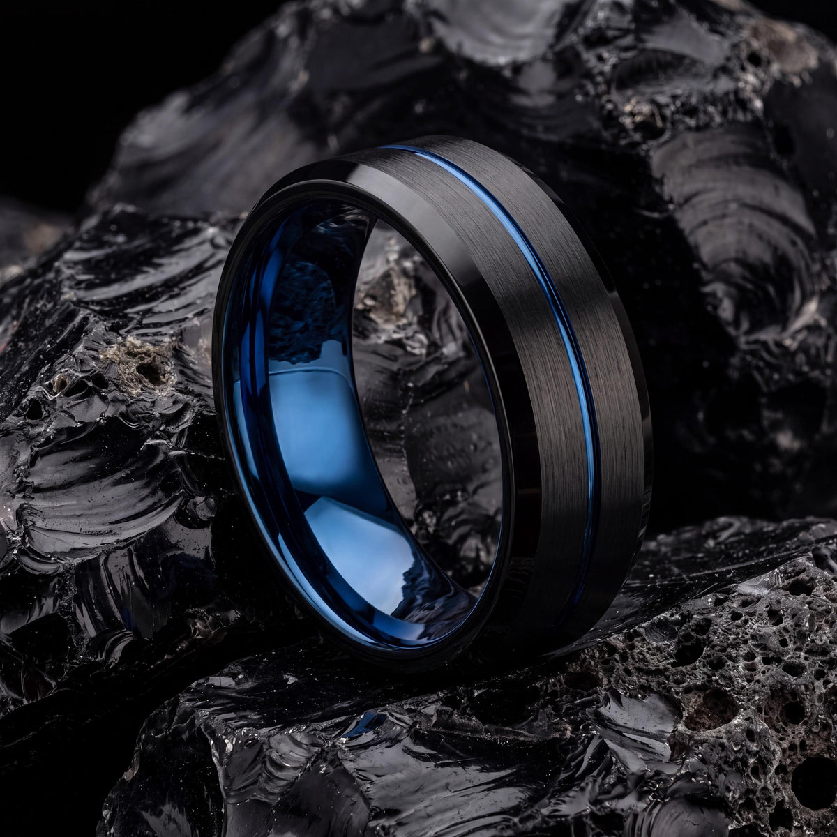 Mens Black Tungsten Wedding Band, Blue Center Line, Bevel Edge