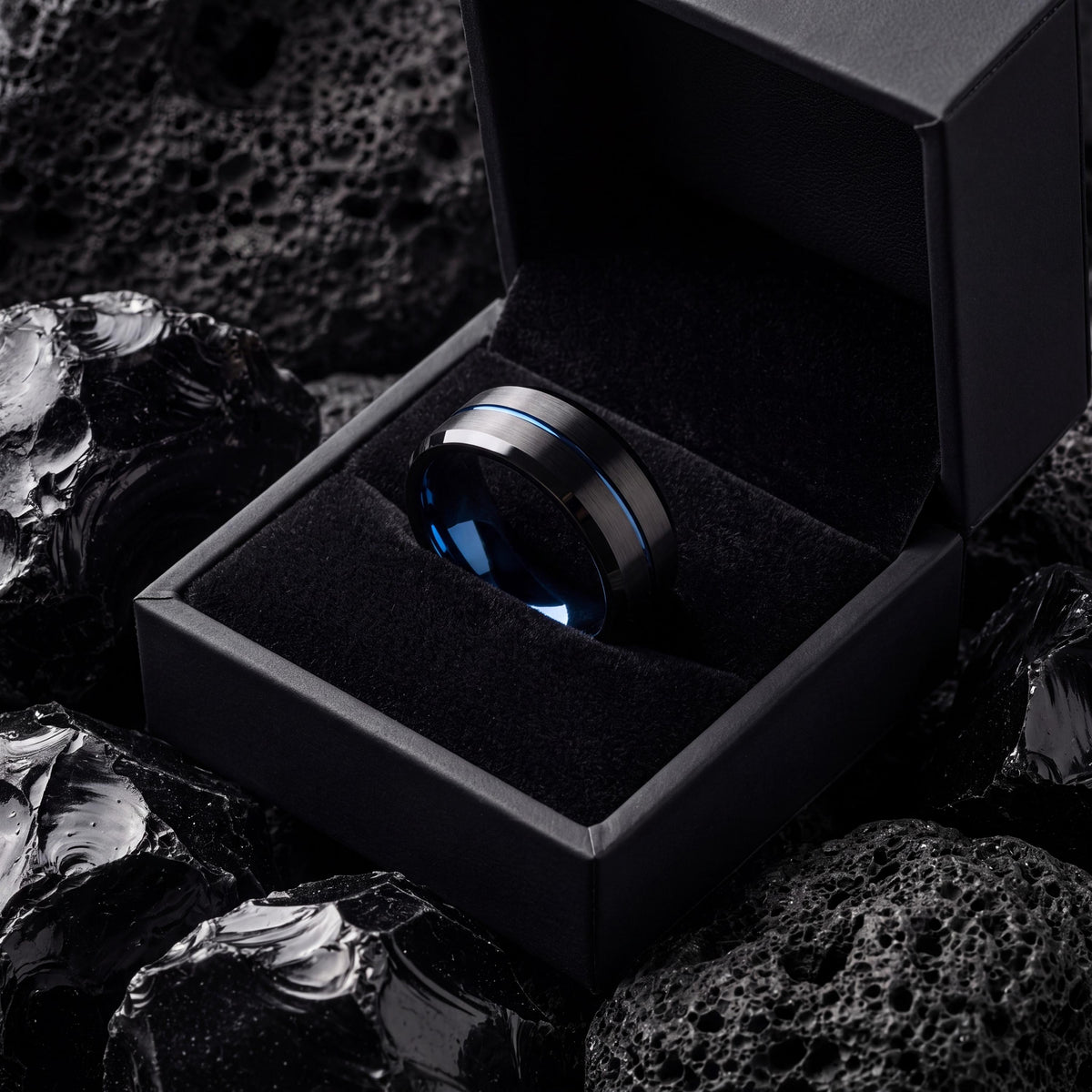 Mens Black Tungsten Wedding Band, Blue Center Line, Bevel Edge