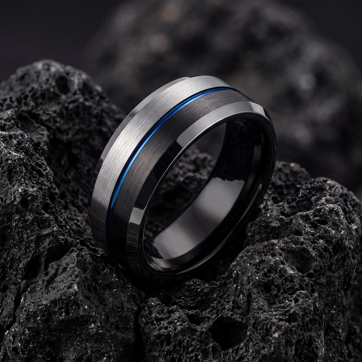 Wedding Band,Mens Wedding Band Tungsten,Unique Wedding Rings,Bevel Wedding Band 8Mm,Silver Rings,Black Wedding Band Men,Dusty Blue Wedding,8