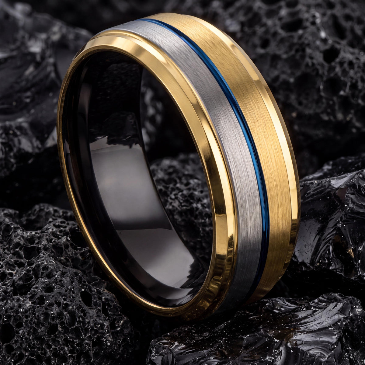 Mens Tungsten Wedding Band,Mens Wedding Rings,Unique Wedding Ring,18K Gold Rings,Hammered Silver Ring Women,Black Rings Women,Blue Wide Ring