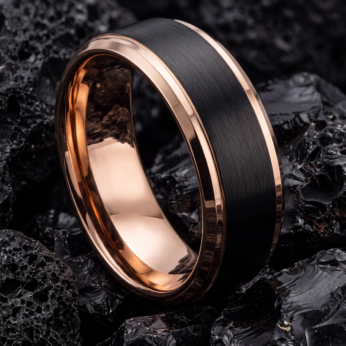 Wedding Ring,Mens Wedding Band Tungsten,His and Hers Wedding Bands,Womens Wedding Ring,Black Line Rose,Rose Gold Wedding,Black Rings Women,8