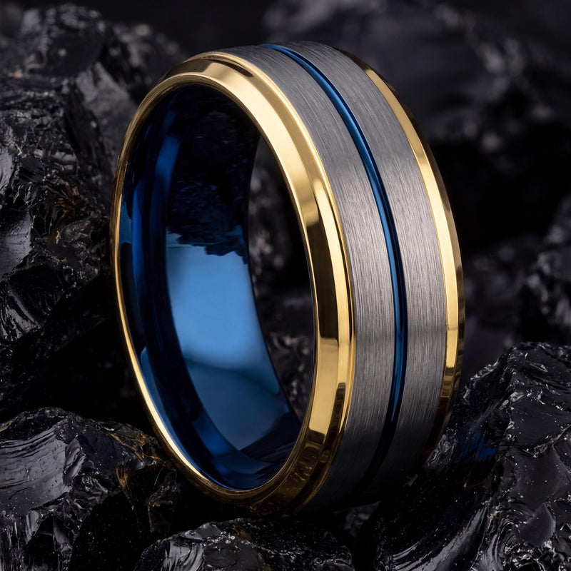 Mens Wedding Band Tungsten,Mens Wedding Band Unique,Wedding Band Tungsten Carbide,Gold Ring Engraved,Minimal Silver Ring,Blue Wedding Ring,8