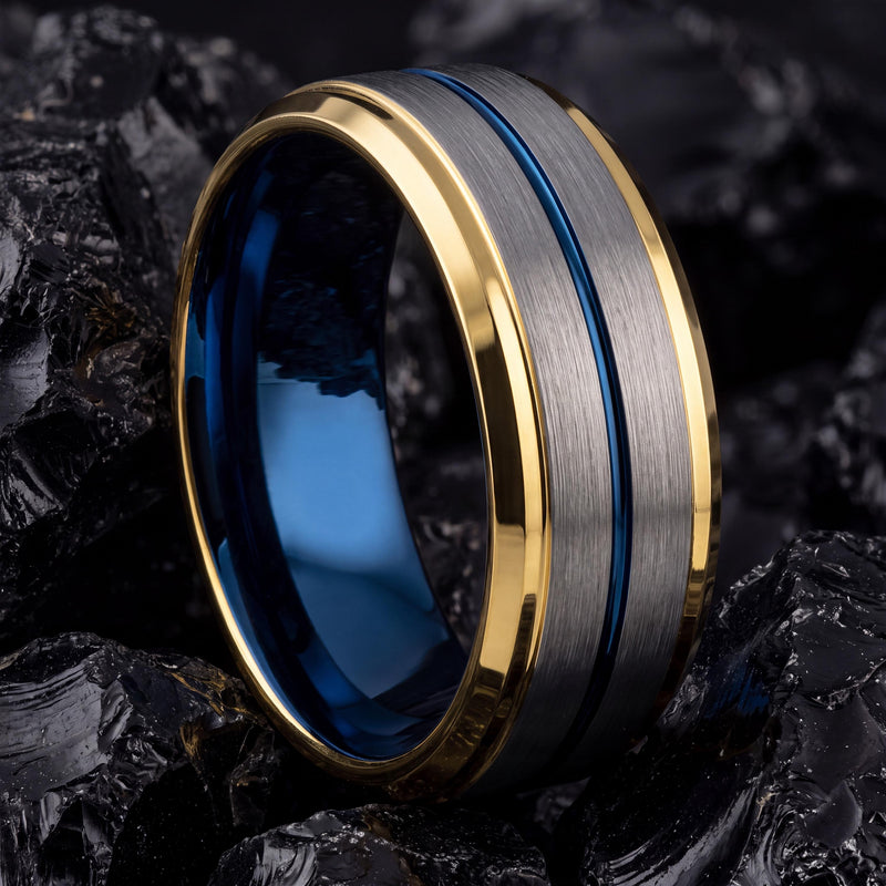 Mens Wedding Band Tungsten,Mens Wedding Band Unique,Wedding Band Tungsten Carbide,Gold Ring Engraved,Minimal Silver Ring,Blue Wedding Ring,8