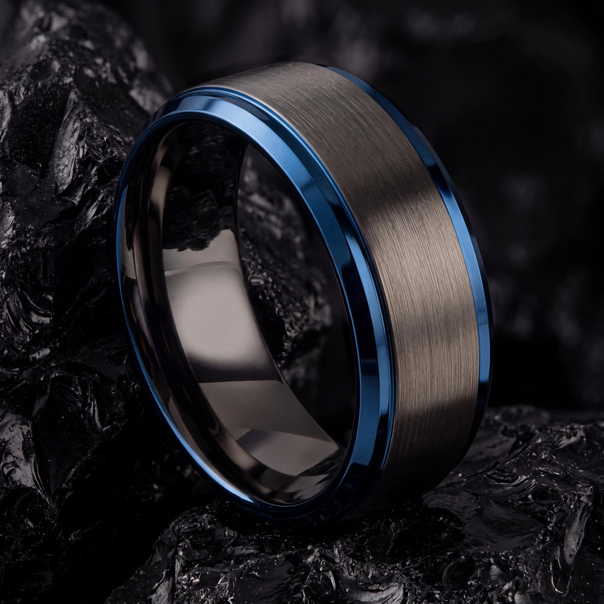 Wedding Band,Tungsten Wedding Band,Mens Wedding Band Unique,Female Wedding Ring,Male Wedding Band Gunmetal 4Mm,Dainty Blue Ring Stackable,10