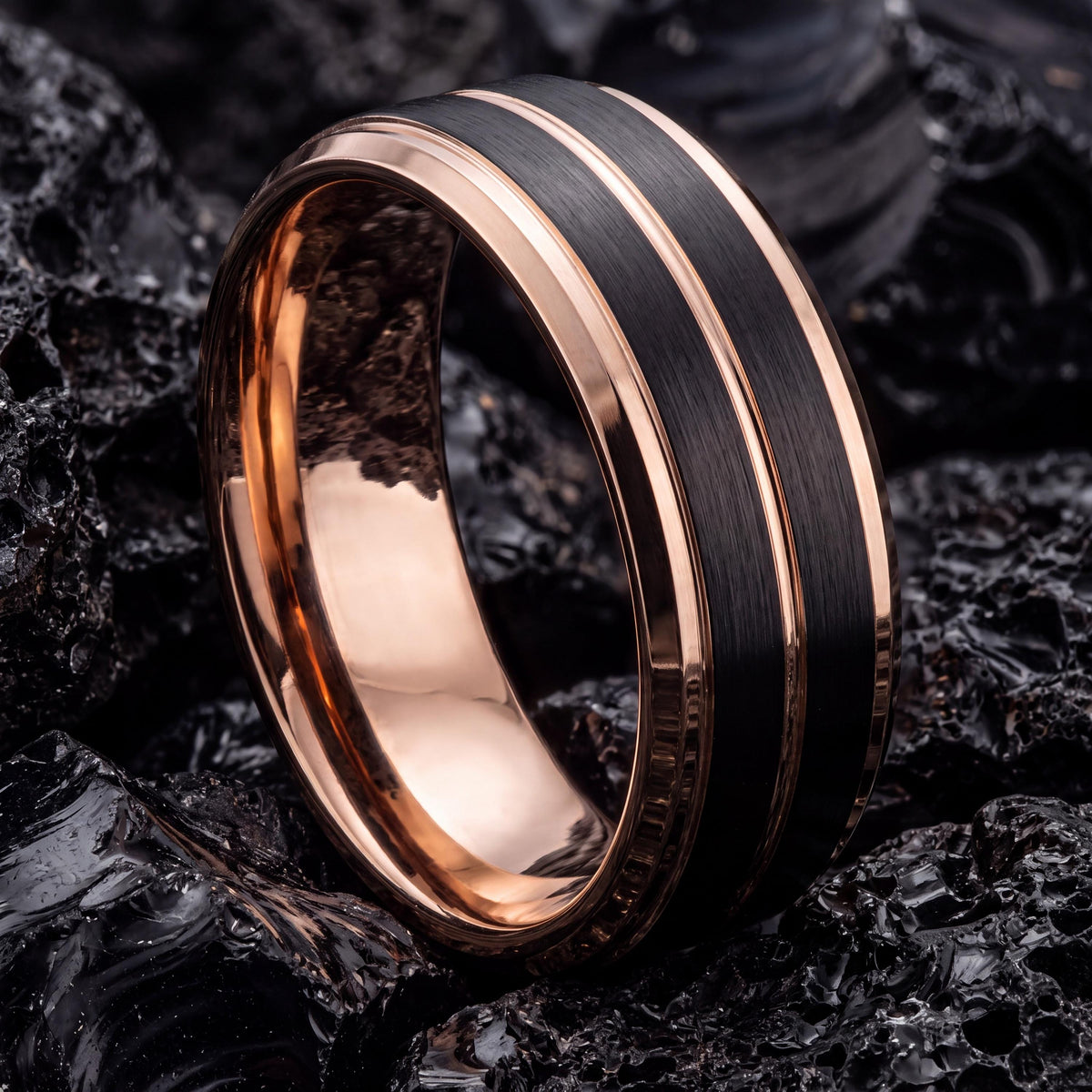Mens Tungsten Wedding Band, Rose Gold Wedding Ring, Black Wedding Band Men, Black Engagement Ring, Mens Black Ring, Mens Anniversary Ring