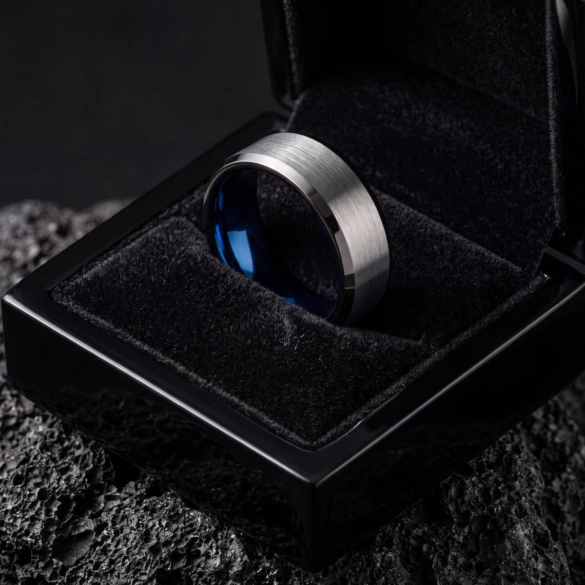 Tungsten Wedding Band,Wedding Engagement Rings,His and Hers Wedding Rings,Male Wedding Band Gunmetal 8mm,Silver Mens Rings,Mens Blue Ring,10