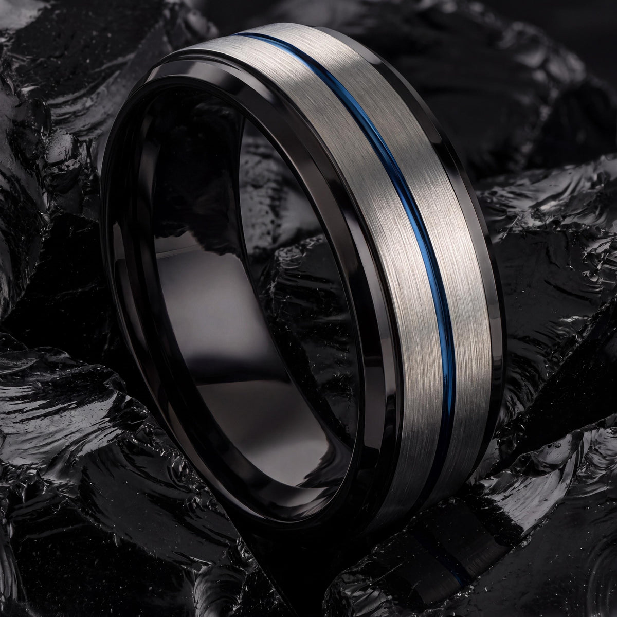 Mens Tungsten Wedding Band,Wedding Band Set His and Hers,Couple Wedding Bands,Dainty Silver Rings,Mens Wedding Band Black,Dusty Blue Wedding