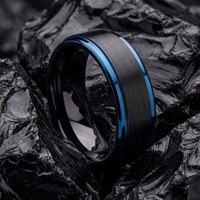 Black Tungsten Wedding Band, Beveled Ring, Blue Accent