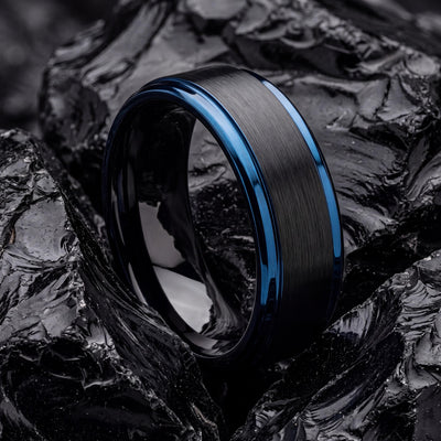 Black Tungsten Wedding Band, Beveled Ring, Blue Accent