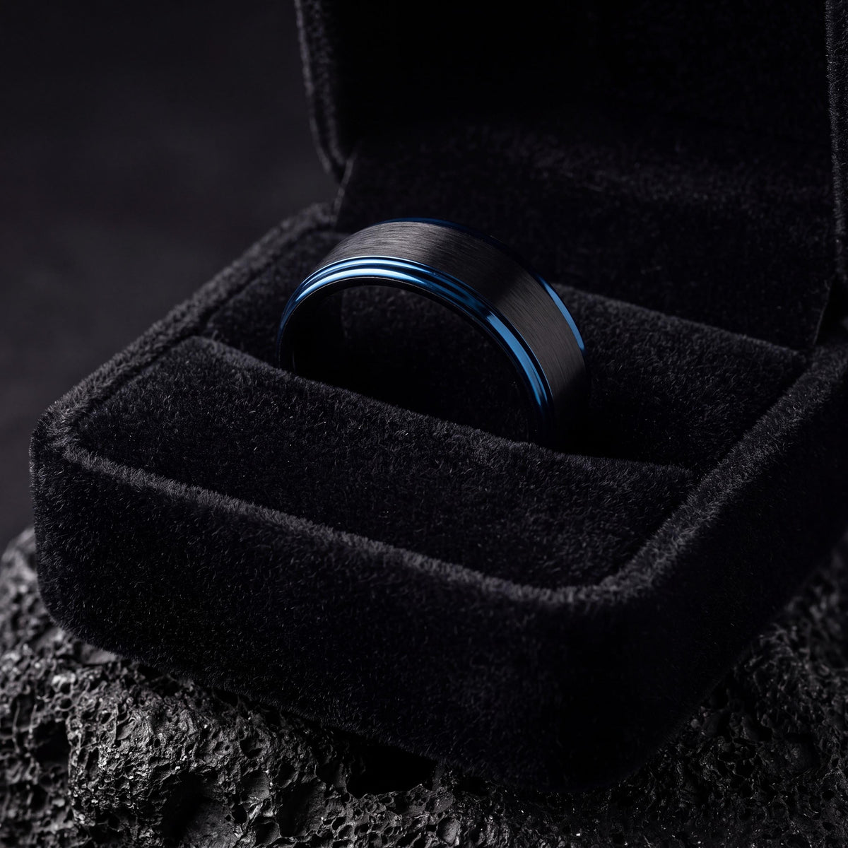 Black Tungsten Wedding Band, Beveled Ring, Blue Accent
