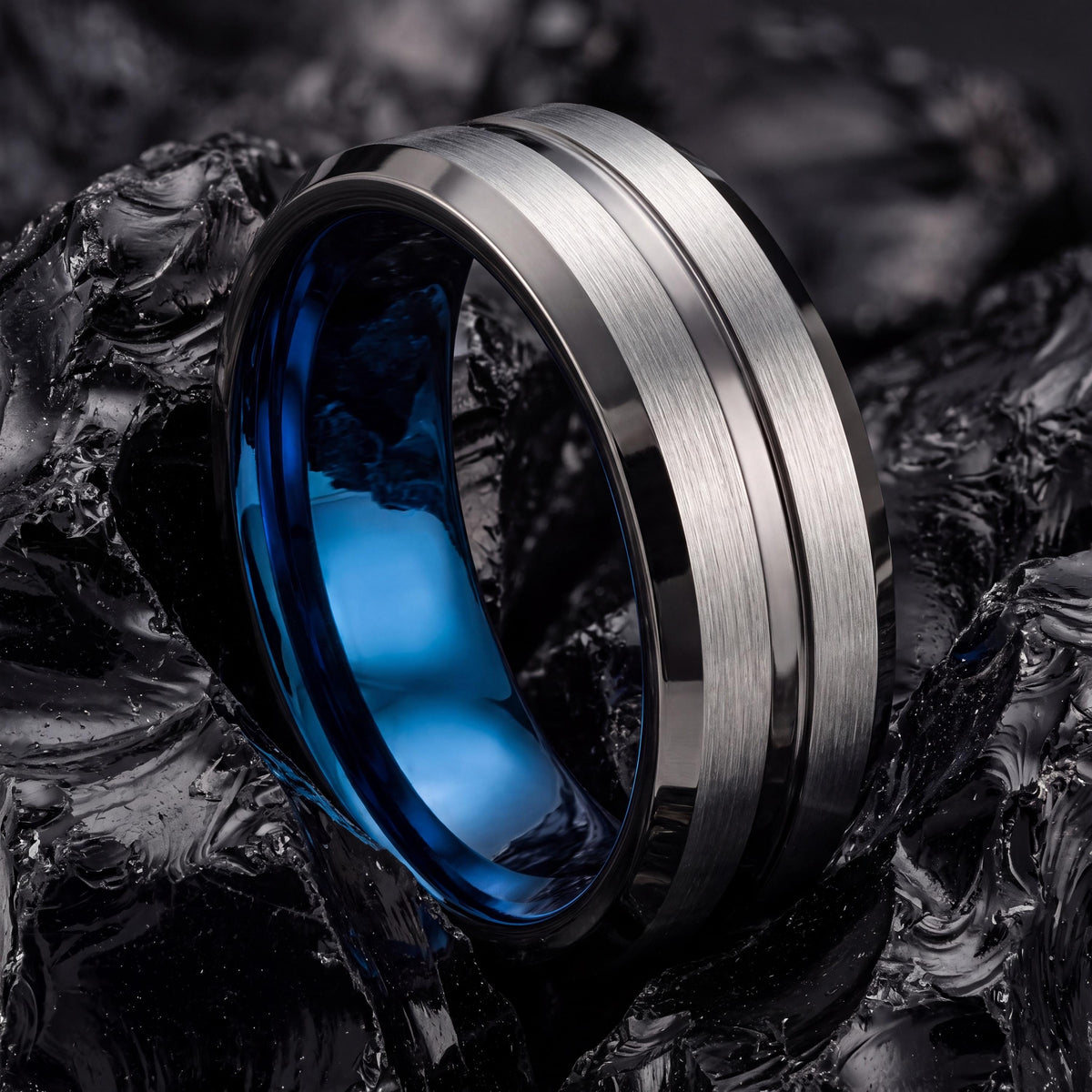 Wedding Band Set His And Hers,Mens 8Mm Two Tone Wedding Band,Male Wedding Band Gunmetal 4Mm,Silver Wedding Band Ring Women,Blue Band Ring,10