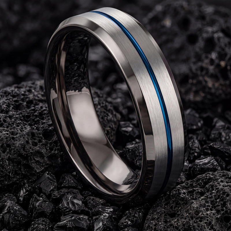 Mens Tungsten Wedding Band,Unique Wedding Band,Wedding Bands Set His And Hers Unique,Gunmetal Men Wedding Band,Silver Chunky Rings,Blue Ring