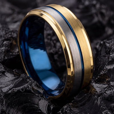 Tungsten Carbide Wedding Band, Blue Silver Gold Ring, Comfort Fit