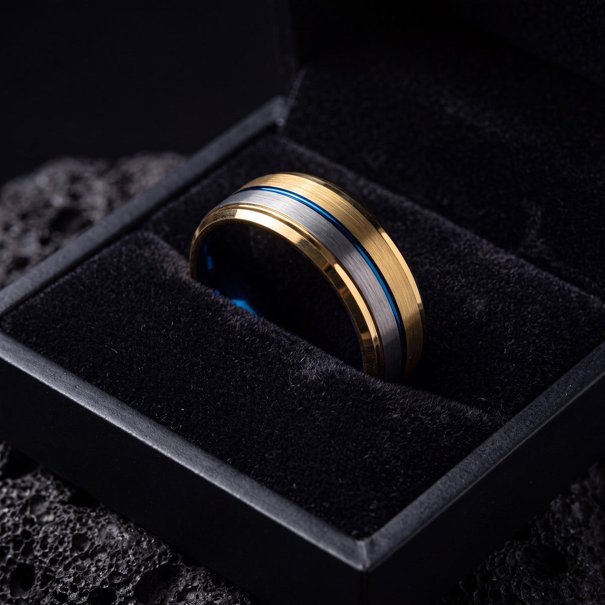 Tungsten Carbide Wedding Band, Blue Silver Gold Ring, Comfort Fit