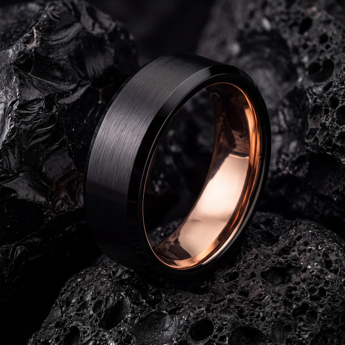 Mens Black Tungsten Wedding Band, Rose Gold, Comfort Fit