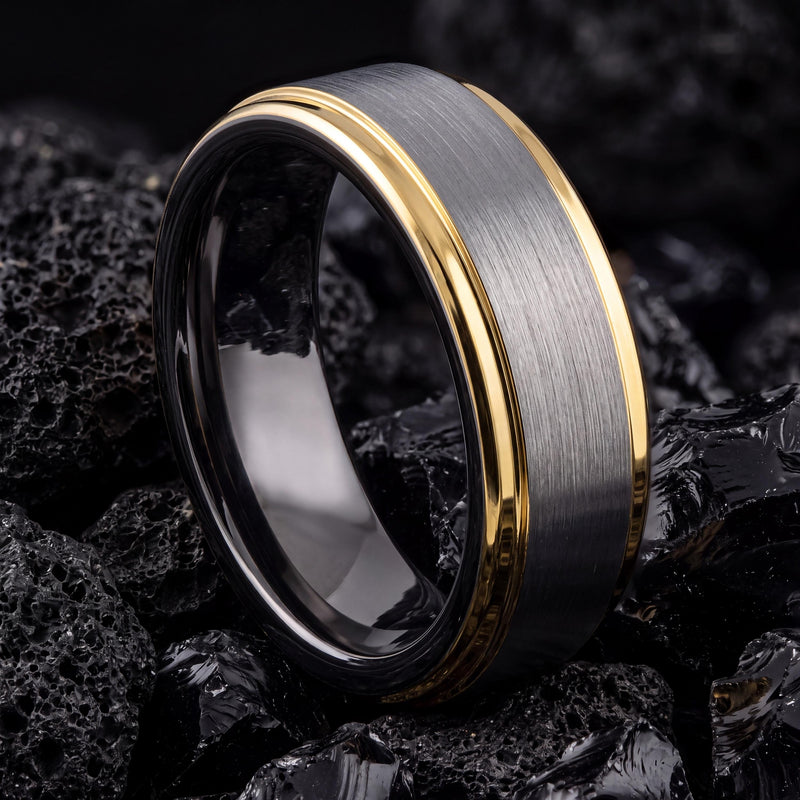 Gunmetal Tungsten Wedding Band, 18K Gold Inlay, Comfort Fit