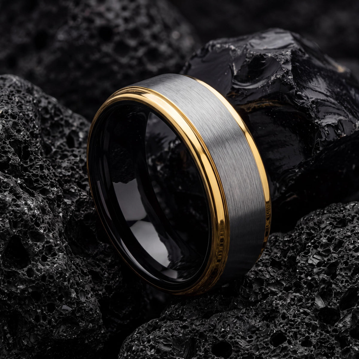 Mens Tungsten Wedding Band, Silver, Black, and Yellow Gold Plated