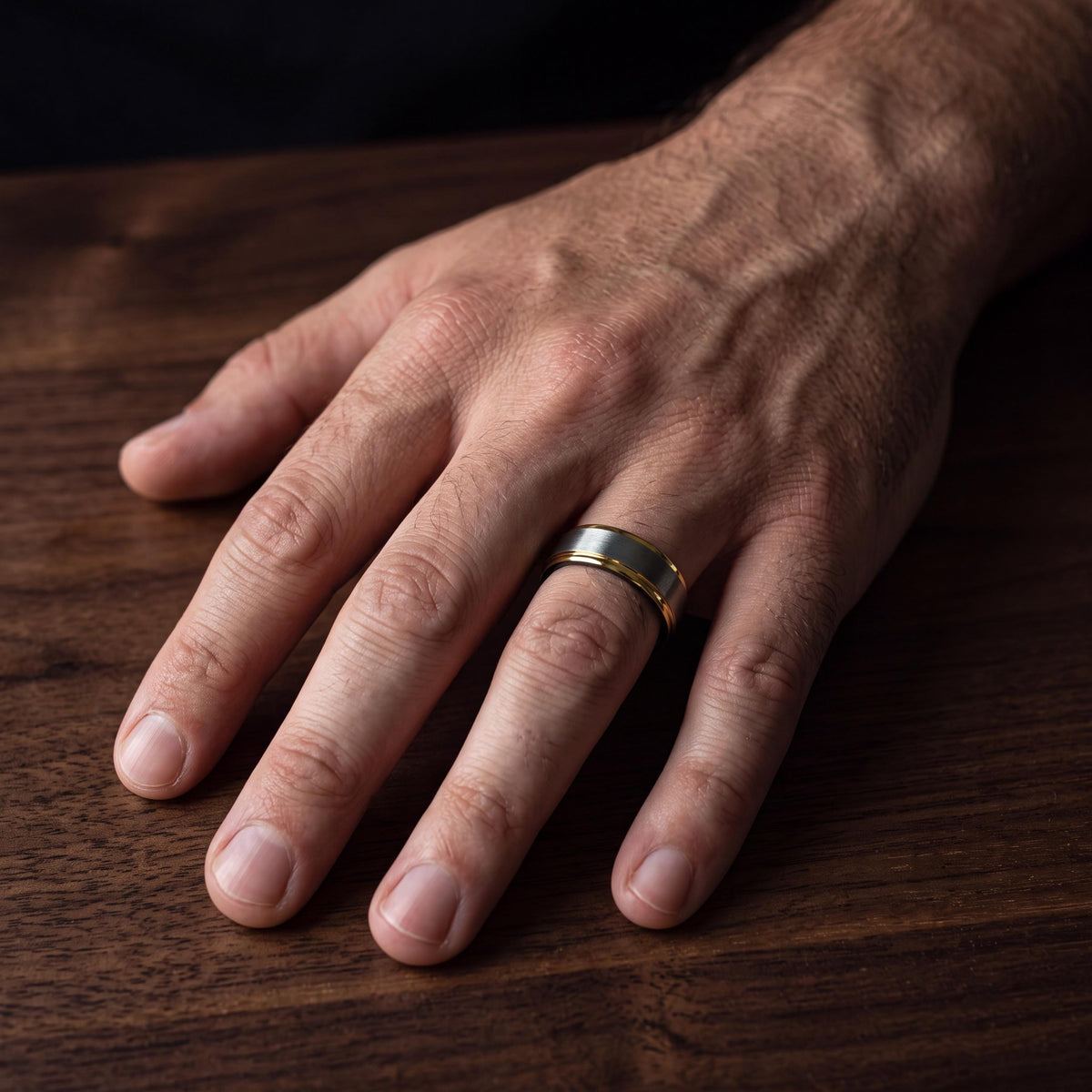 Mens Tungsten Wedding Band, Silver, Black, and Yellow Gold Plated