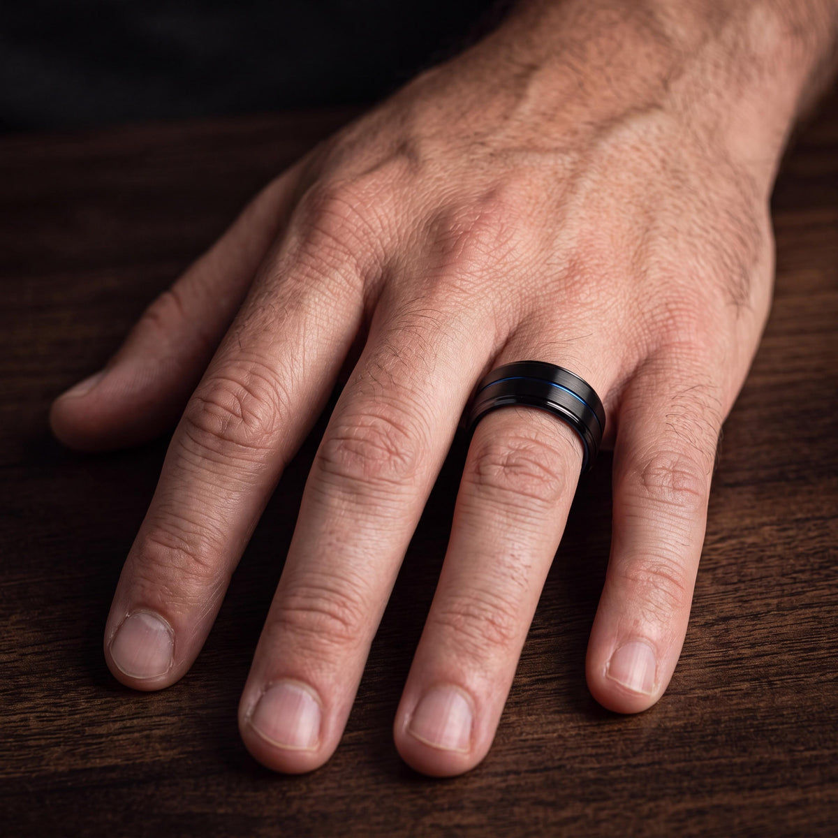 Black Tungsten Wedding Band Set, Blue Center Line, Comfort Fit