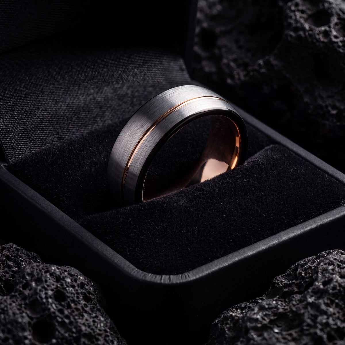 Curved Wedding Band,Nerdy Wedding Bands,Rose Gold and Black Tungsten Wedding Band,Silver Promise Ring,Rose Gold Ring,Newly Wed Gifts Black,8