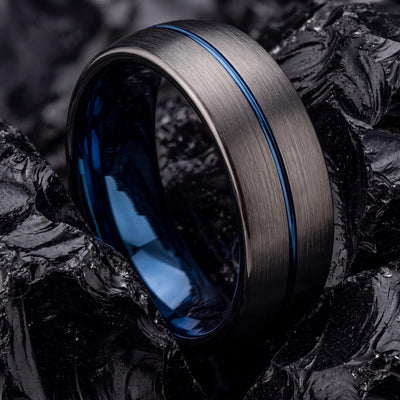Mens Tungsten Wedding Band,Matching Wedding Bands His and Hers,Wedding Band Tungsten Carbide,Male Wedding Band Gunmetal 6mm,Mens Blue Ring,8