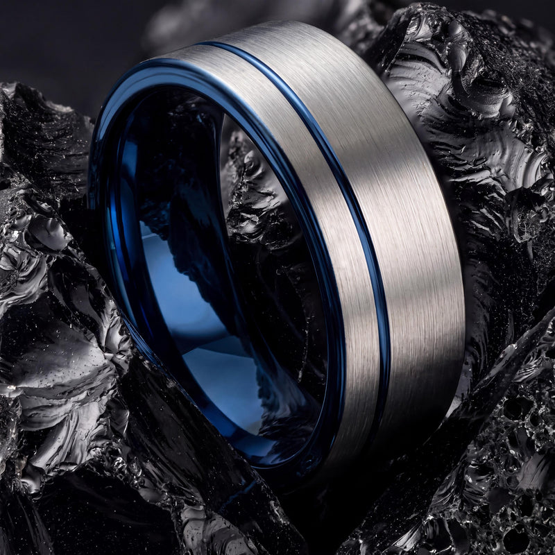 Mens Wedding Band Tungsten,Womens Wedding Bands,Mens Wedding Bands Unique,Blue And Silver Ring,Silver Tungsten Rings Set,Blue Wedding Ring,1