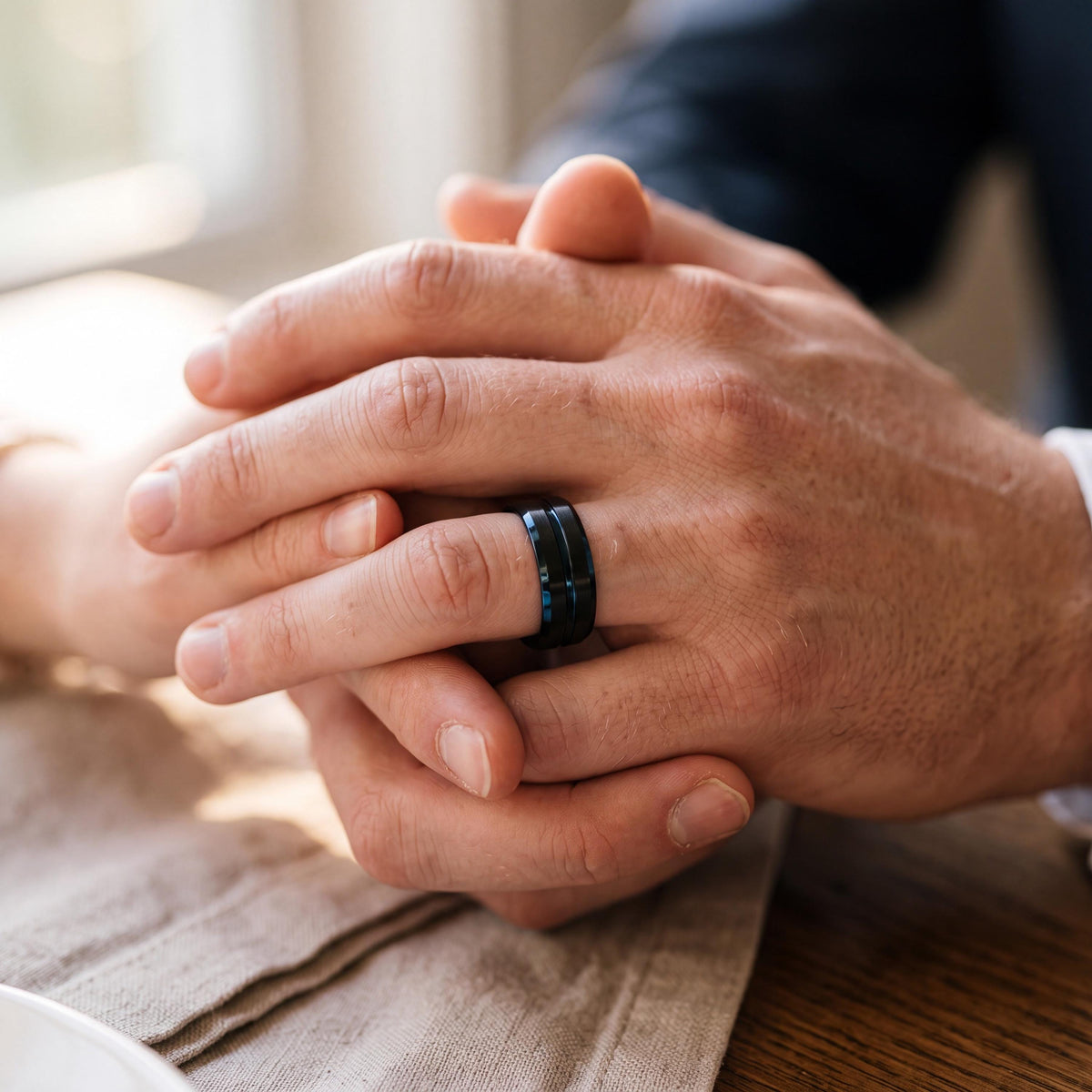 Black Tungsten Wedding Band, Blue Inner Band, Beveled Edge