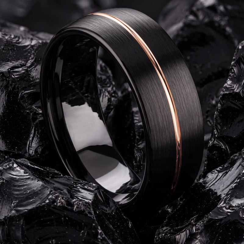 Personalized Gift for Him, Black Rose Gold Tungsten Ring, 8mm Dome Edge, Custom Engraved, Minimalist, Handmade, Mens Wedding Band