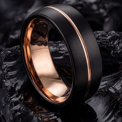 Mens Wedding Band, Black Rose Gold Tungsten Ring, 8mm Dome Edge, Jewelry, Custom, Personalized, Minimalist, Handmade, Gift for Him