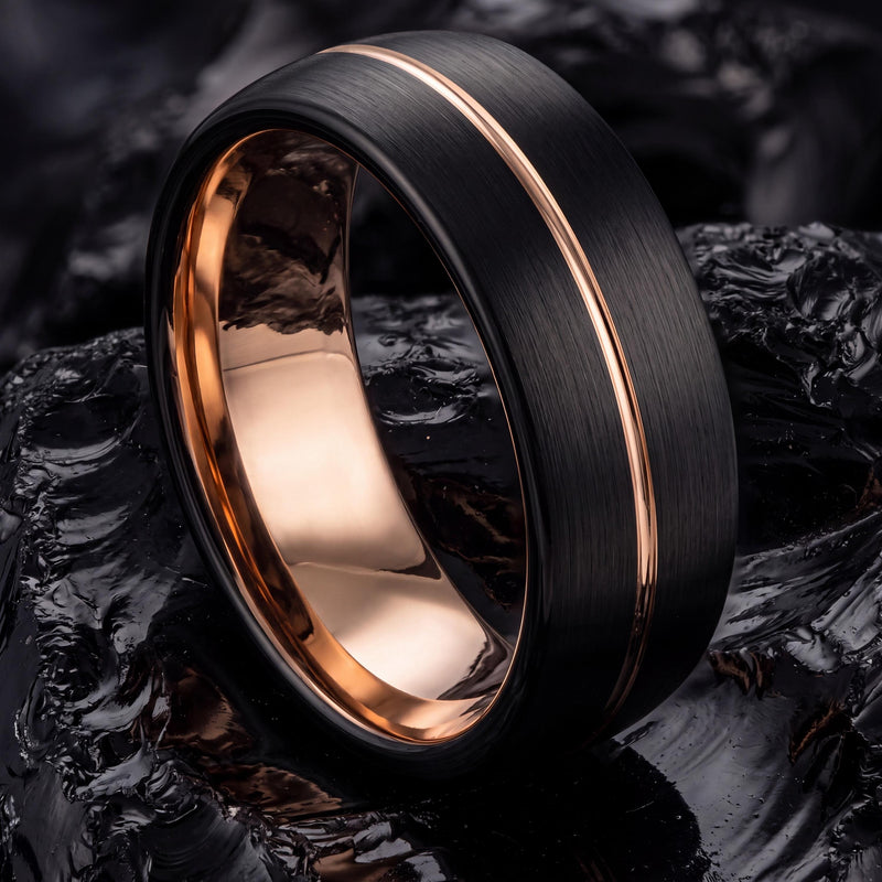 Mens Wedding Band, Black Rose Gold Tungsten Ring, 8mm Dome Edge, Jewelry, Custom, Personalized, Minimalist, Handmade, Gift for Him