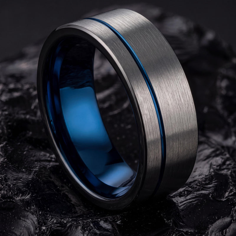 Mens Wedding Band Tungsten,Wedding Bands Women Unique,His and Hers Wedding Rings,Male Wedding Band Gunmetal 8mm,Silver Rings,Mens Rings Blue