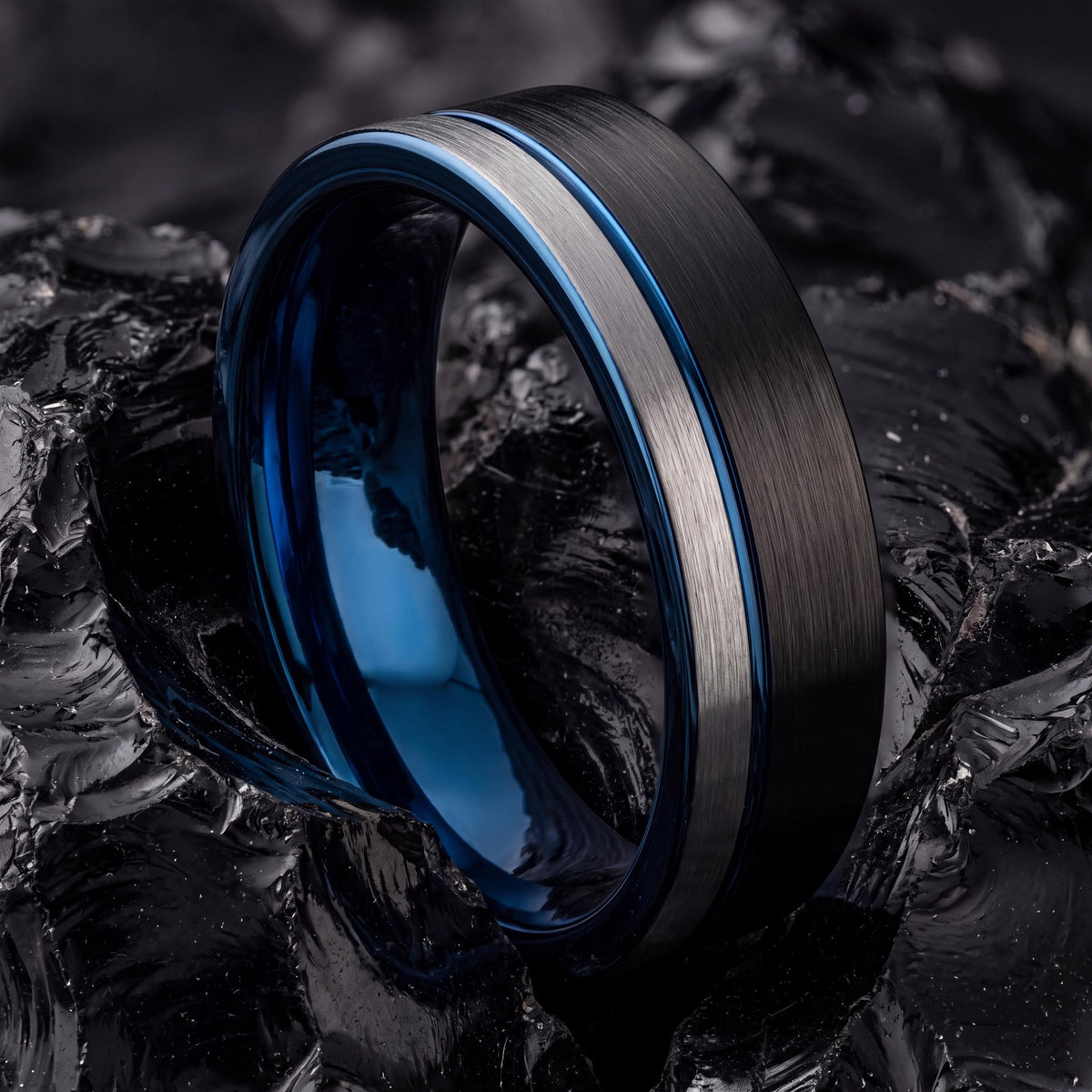 Mens Wedding Band,Mens Tungsten Wedding Band,Mens Wedding Band Unique,Wide Wedding Bands Women,Silver Stacking Rings,Black Ring,Royal Blue,8