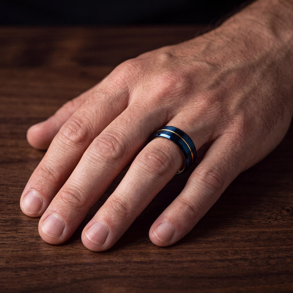 Beveled Tungsten Ring Blue, Men's Gold Wedding Band, Anniversary Gift Idea, Personalized Gifts for Him, Engraved Laser Ring, Fast Shipping
