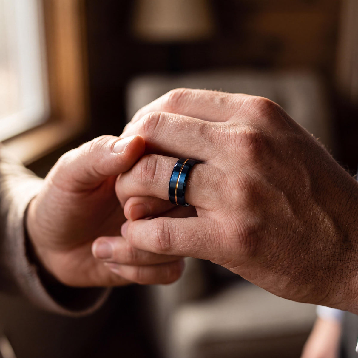 Beveled Tungsten Ring Blue, Men's Gold Wedding Band, Anniversary Gift Idea, Personalized Gifts for Him, Engraved Laser Ring, Fast Shipping
