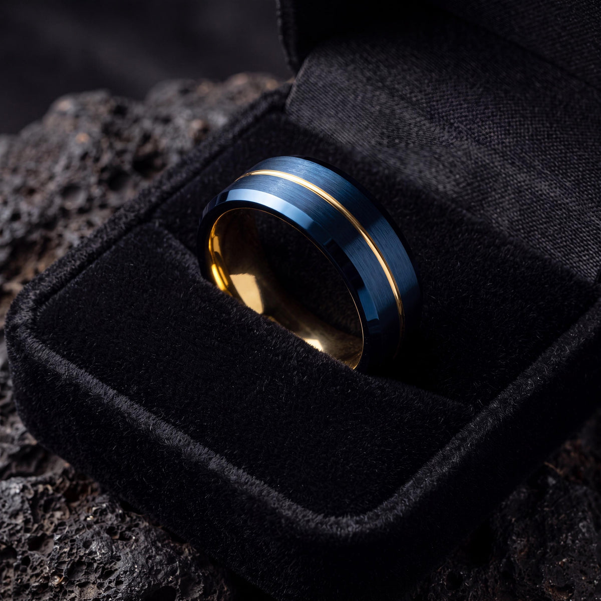 Beveled Tungsten Ring Blue, Men's Gold Wedding Band, Anniversary Gift Idea, Personalized Gifts for Him, Engraved Laser Ring, Fast Shipping