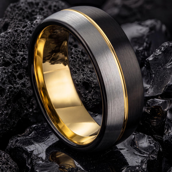 Black Tungsten Carbide Mens Wedding Band, Silver & 18k Gold Plated Ring