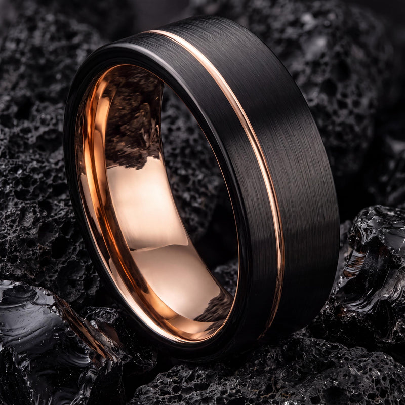 Mens Wedding Band - Black Rose Gold Tungsten Ring - 9mm Flat Edge - Personalized Engraved - Custom Handmade - Gift for Him