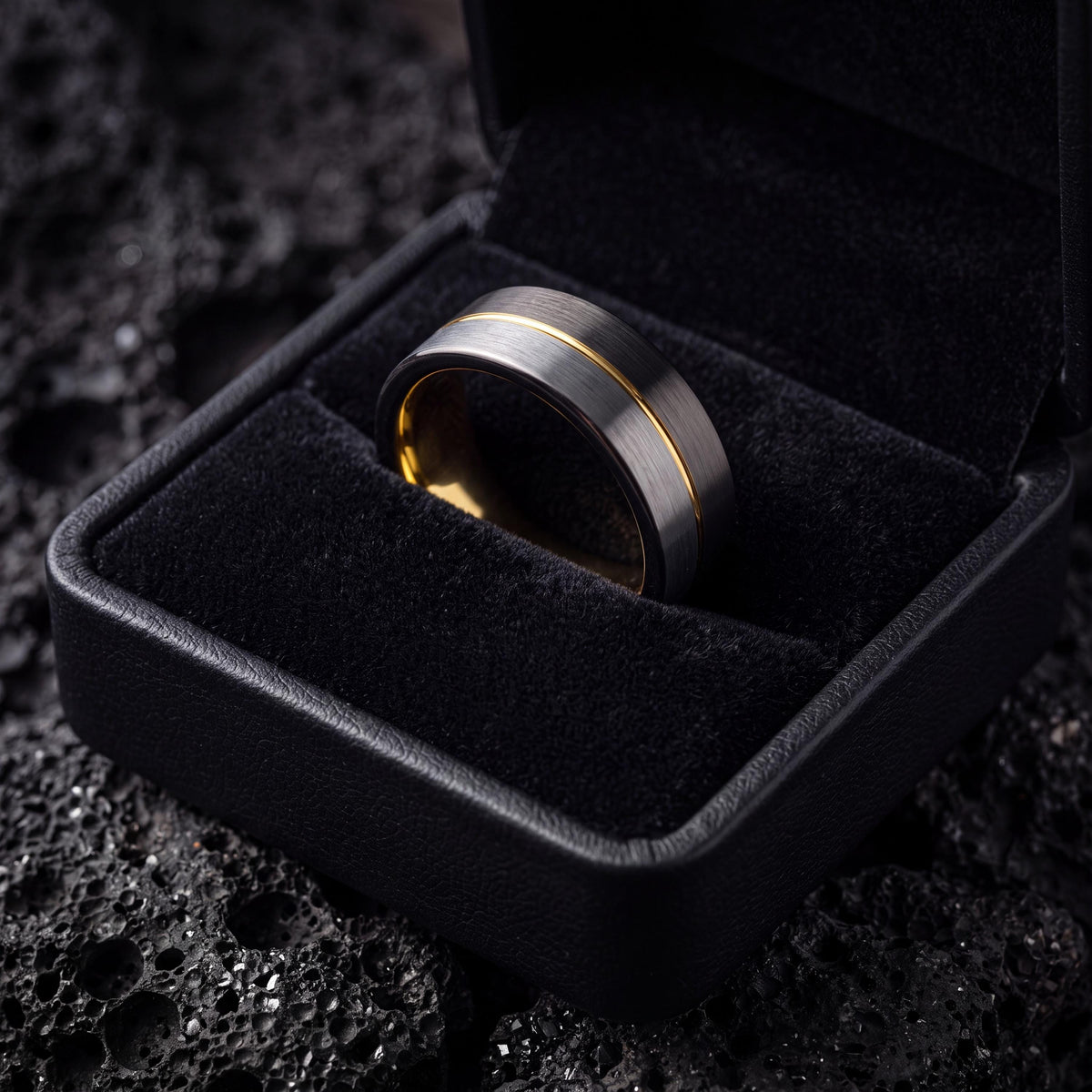 Tungsten Carbide Wedding Band, Gunmetal Silver with Yellow Gold, Comfort Fit