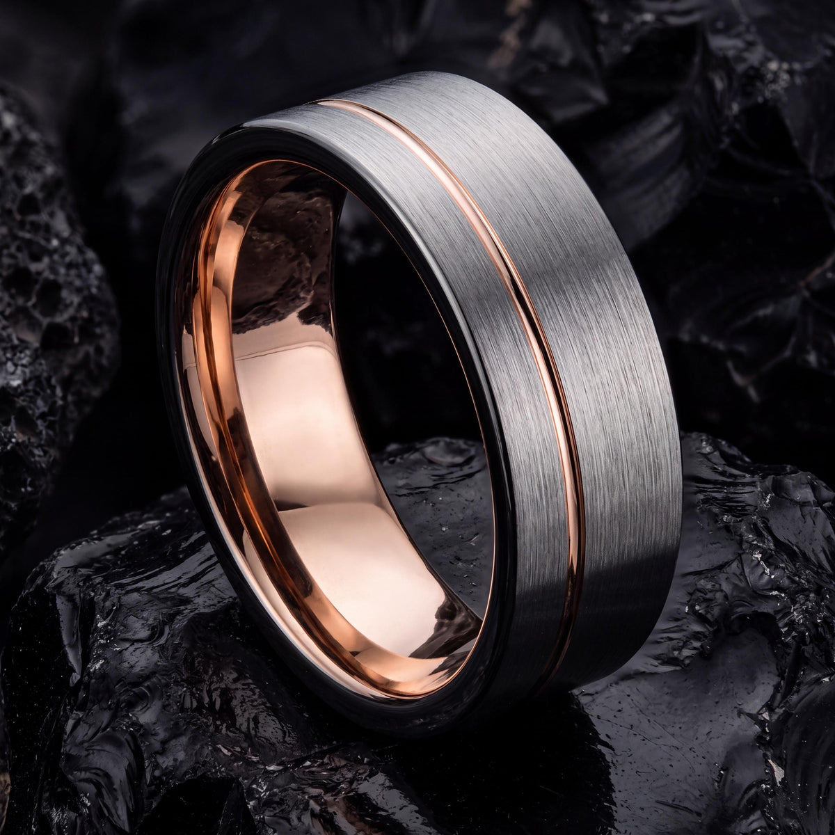 Tungsten Wedding Band Set, Black Rose Gold Inlay, Matching Promise Rings