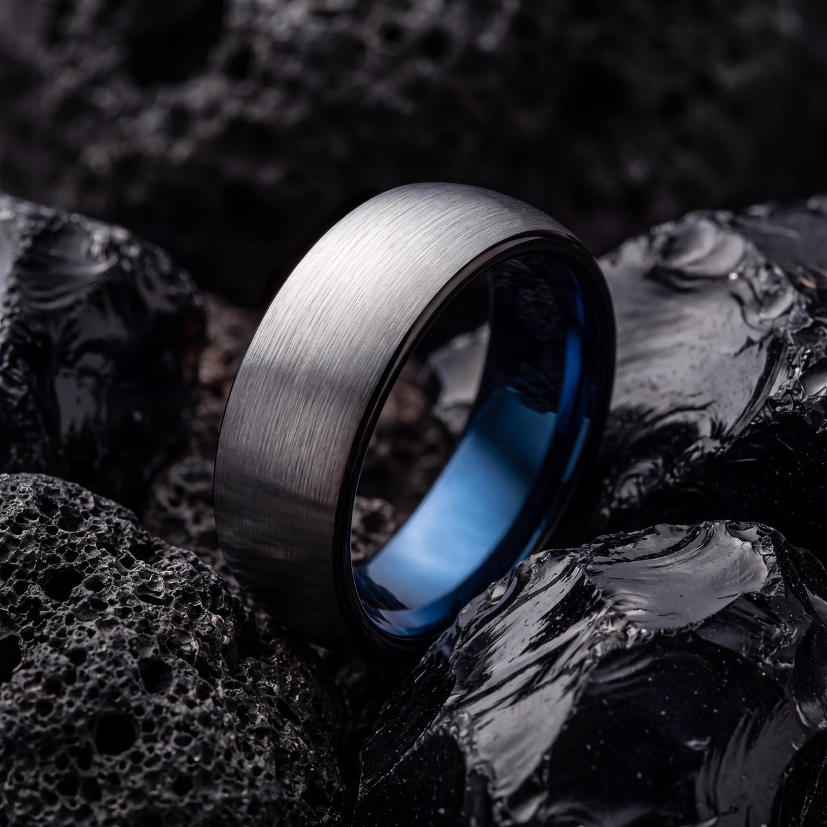 Textured Tungsten Wedding Band, Silver Ring, Blue Interior