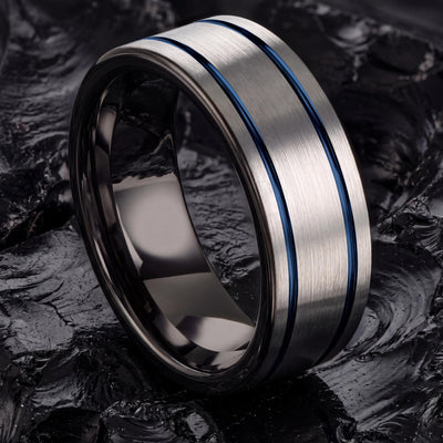 Tungsten Wedding Band,Matching Wedding Bands His and Hers,Contour Wedding Band,Male Wedding Band Gunmetal 8mm,Silver Band,Mens Rings Blue,10