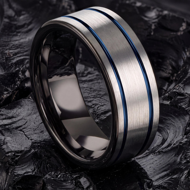 Tungsten Wedding Band,Matching Wedding Bands His and Hers,Contour Wedding Band,Male Wedding Band Gunmetal 8mm,Silver Band,Mens Rings Blue,10
