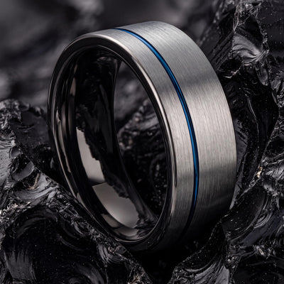 Wedding Band,Mens Wedding Band Tungsten,Mens Wedding Bands,Wedding Band Tungsten Carbide,Gunmetal Men Wedding Band,Silver Mens Rings,Blue,10