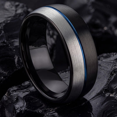 Mens Tungsten Wedding Band,Matching Wedding Bands His And Hers,Two Tone Wedding Band Set,Smooth Silver Ring,Black Rings,Dusty Blue Wedding,1