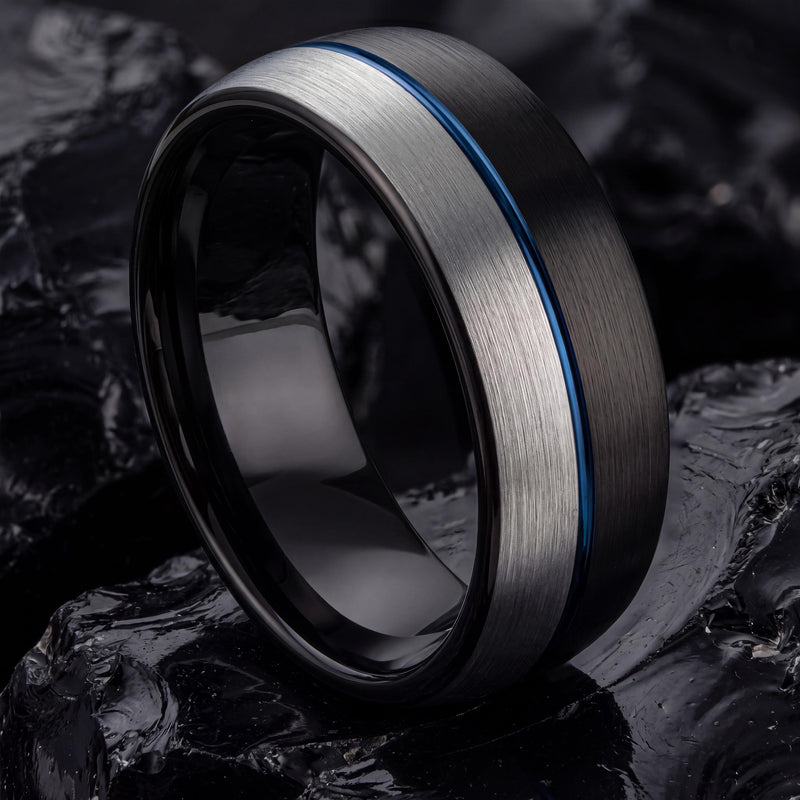 Mens Tungsten Wedding Band,Matching Wedding Bands His And Hers,Two Tone Wedding Band Set,Smooth Silver Ring,Black Rings,Dusty Blue Wedding,1