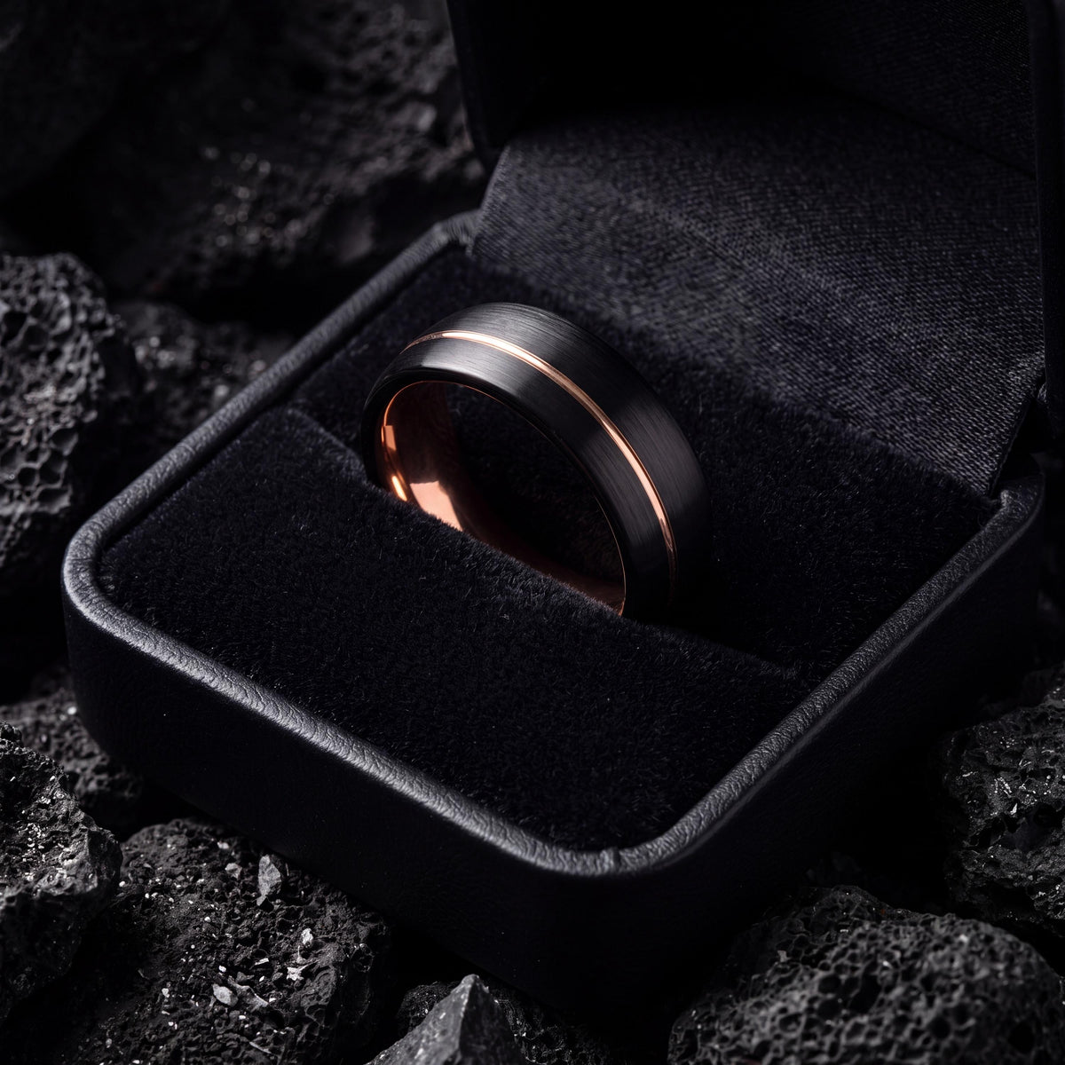 Mens Wedding Band, Black Rose Gold Tungsten Ring, 8mm Dome Edge, Jewelry, Custom, Personalized, Minimalist, Handmade, Gift for Him