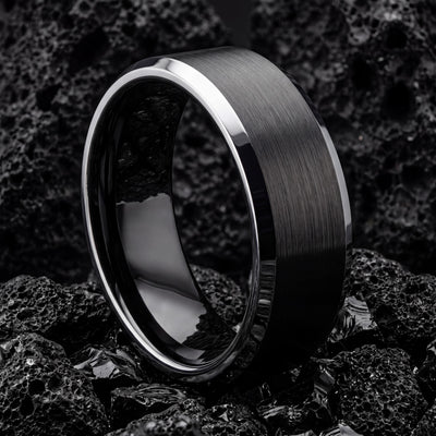 Mens Ring, Black Silver Tungsten Wedding Band, 6mm Beveled Edge, Jewelry, Custom, Personalized, Minimalist, Handmade, Gift for Boyfriend