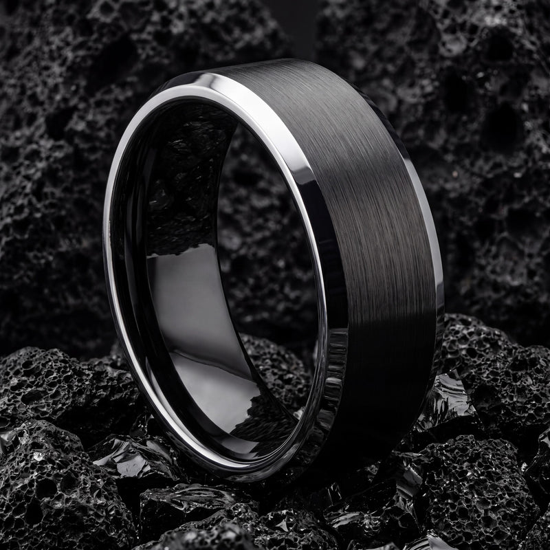 Mens Ring, Black Silver Tungsten Wedding Band, 6mm Beveled Edge, Jewelry, Custom, Personalized, Minimalist, Handmade, Gift for Boyfriend