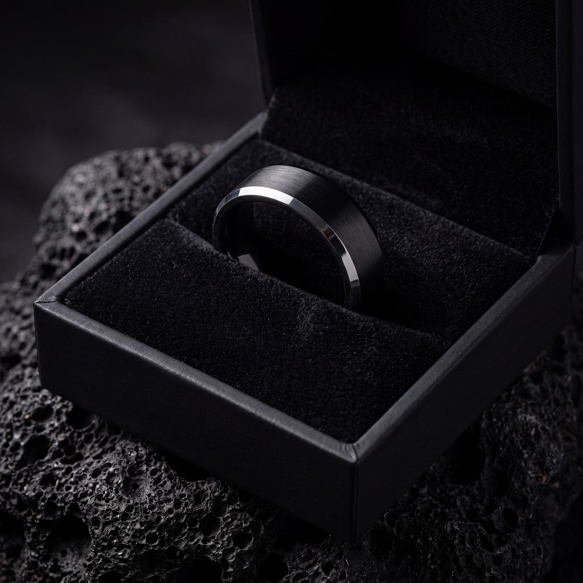 Mens Ring, Black Silver Tungsten Wedding Band, 6mm Beveled Edge, Jewelry, Custom, Personalized, Minimalist, Handmade, Gift for Boyfriend